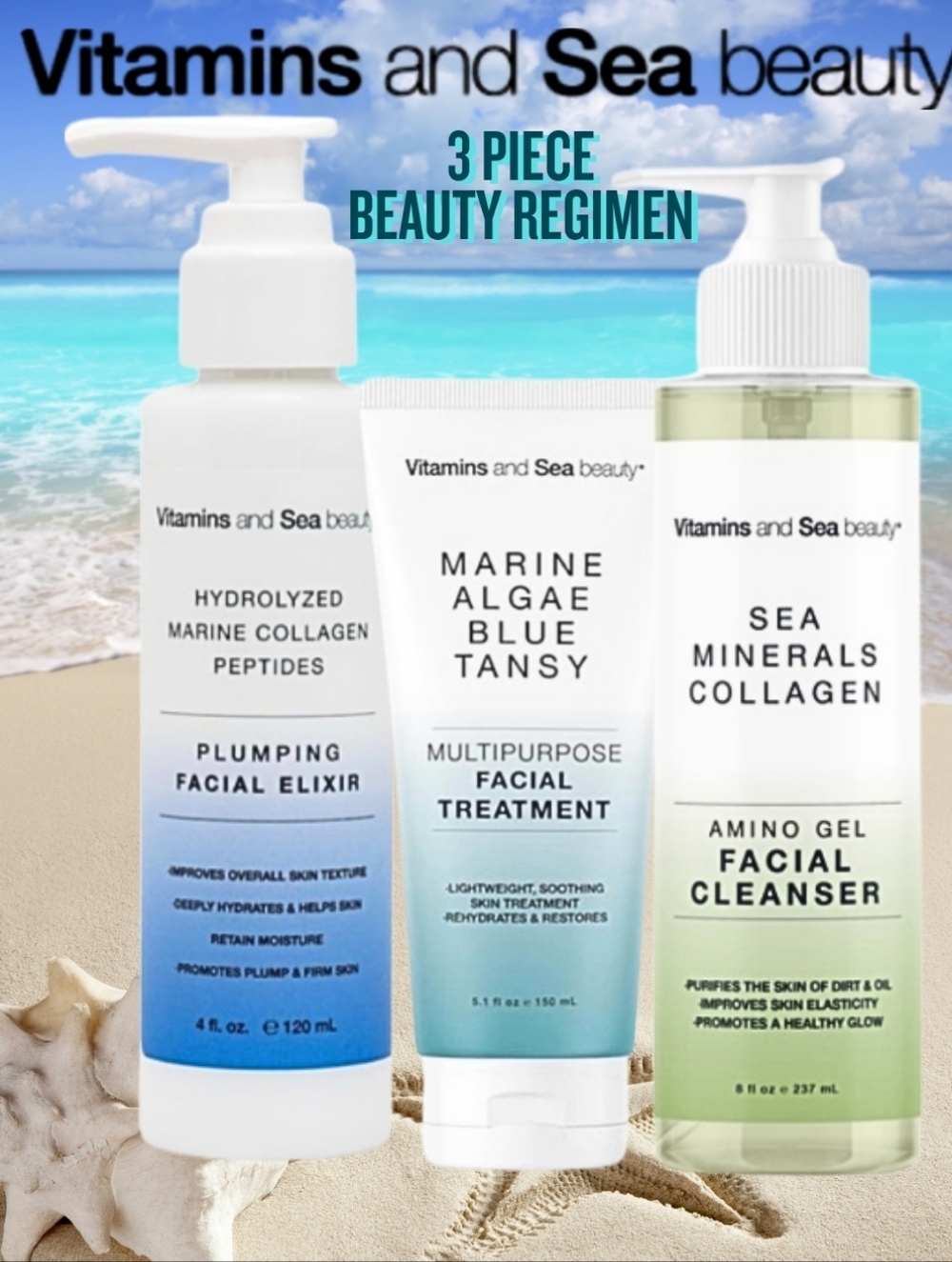 Vitamins & Sea Beauty 3 Piece Beauty Regimen • Cleanser Blemish Treatment Elixir